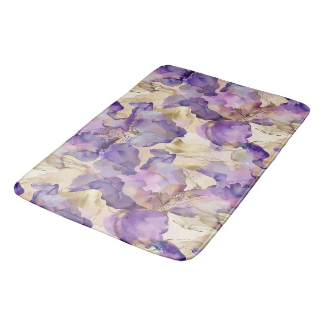 Romantic Purple Gold Iris Floral Bridal Shower Bath Mat (Angled)