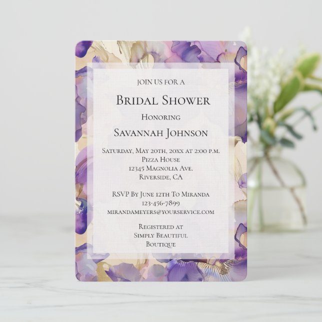Romantic Purple Gold Iris Floral Bridal Shower Invitation (Standing Front)