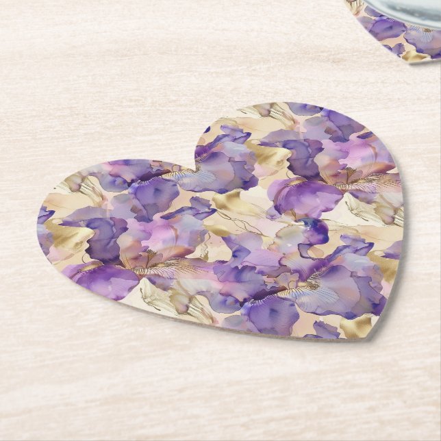 Romantic Purple Gold Iris Floral Bridal Shower Paper Coaster (Angled)