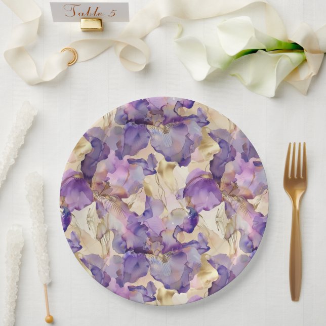 Romantic Purple Gold Iris Floral Bridal Shower Paper Plate (Wedding)