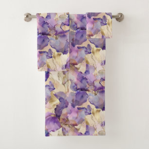 Romantic Purple Gold Iris Floral Wedding Bath Towel Set