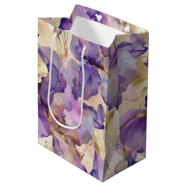 Romantic Purple Gold Iris Floral Wedding Medium Gift Bag (Front Angled)