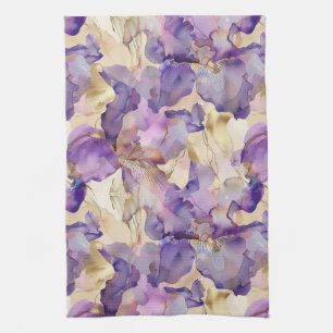 Romantic Purple Gold Iris Floral Wedding Tea Towel