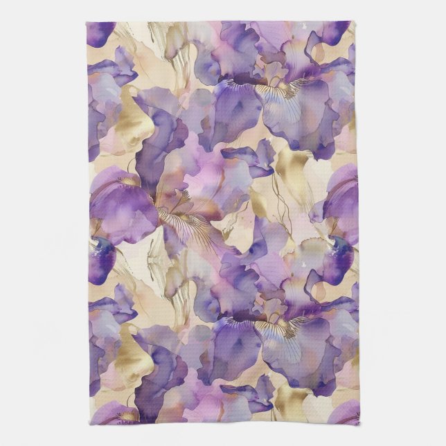 Romantic Purple Gold Iris Floral Wedding Tea Towel (Vertical)