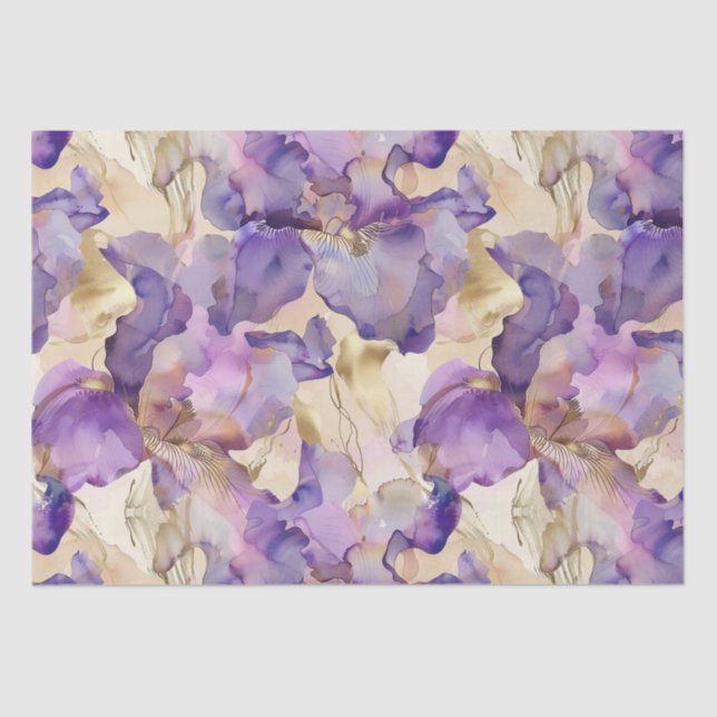 Romantic Purple Gold Iris Floral Wedding Tissue Paper (Front)