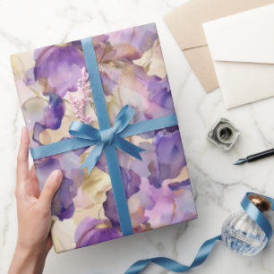 Romantic Purple Gold Iris Floral Wedding Wrapping Paper