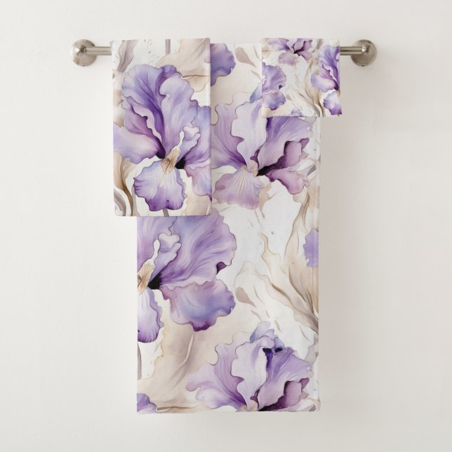 Romantic Purple Iris Floral Bridal Shower Bath Towel Set (Insitu)