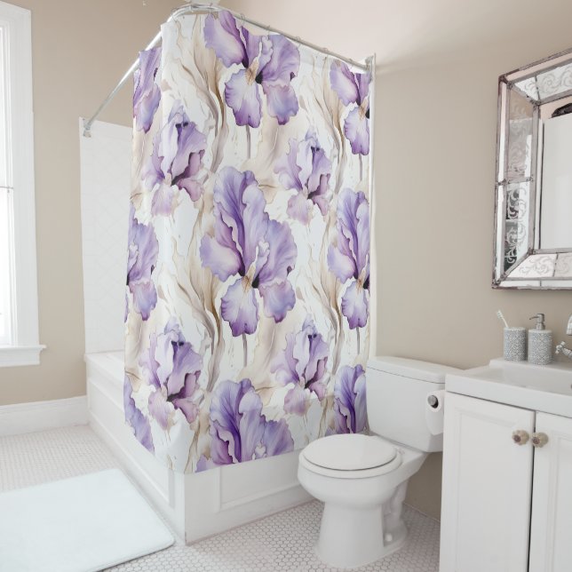 Romantic Purple Iris Floral Bridal Shower Shower Curtain (In Situ)