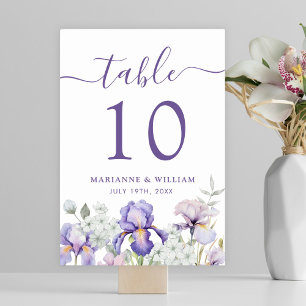 Romantic Purple Iris Floral Wedding Table Number