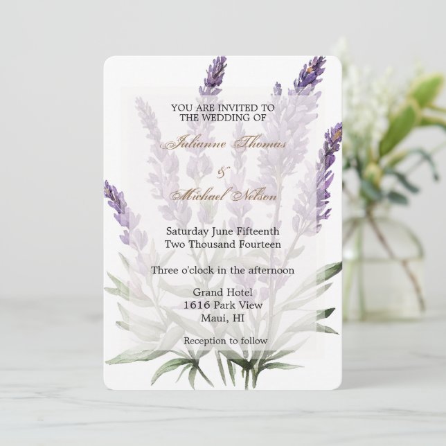 Romantic Purple Lavender Floral Wedding Invitation (Standing Front)