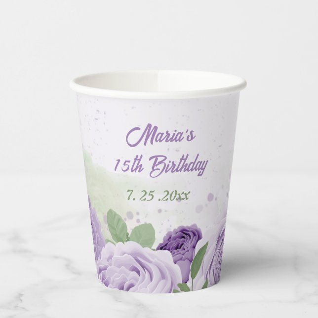 romantic purple lavender flowers green leaves  paper cups (Left)
