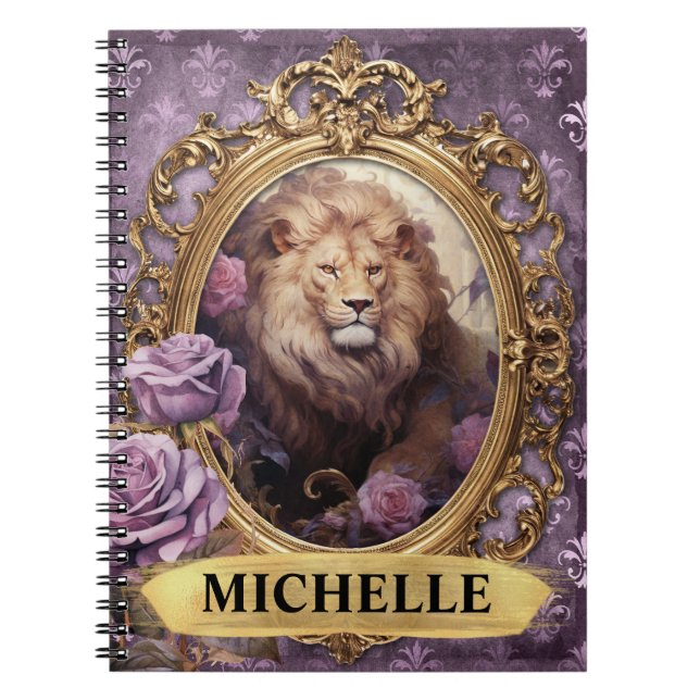 Romantic Purple Lion and Roses Fantasy Notebook (Front)
