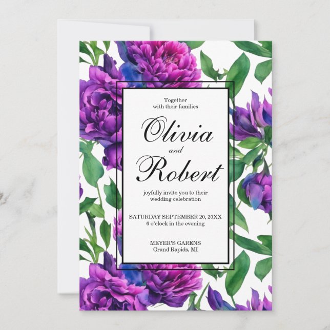 Romantic purple magenta pink peonies wedding invitation (Front)