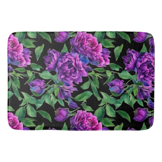 Romantic purple magenta pink watercolor peonies  bath mat (Front)
