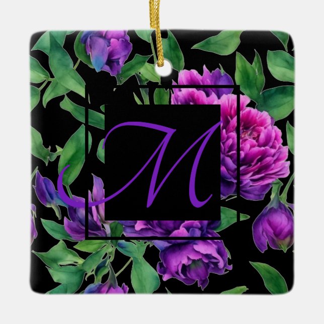Romantic purple magenta pink watercolor peonies  ceramic ornament (Front)