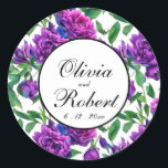 Romantic purple magenta pink watercolor peonies  classic round sticker<br><div class="desc">Romantic purple magenta pink watercolor peonies. Perfect for spring, summer, or fall events. Beautiful purple peony watercolor artwork for country, boho, garden, and floral theme occasions. To get started changing names and event details, click on "Personalise this template" and edit the wording in the template boxes. To access the more...</div>
