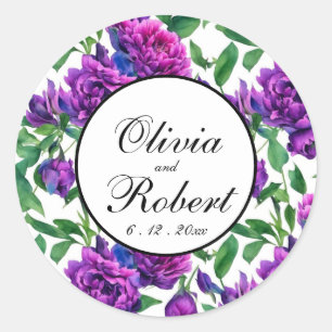 Romantic purple magenta pink watercolor peonies  classic round sticker