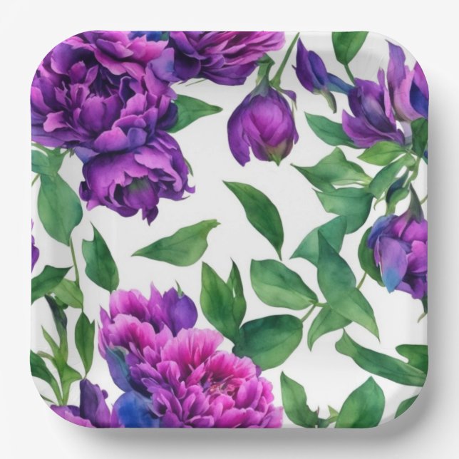 Romantic purple magenta pink watercolor peonies  paper plate (Front)