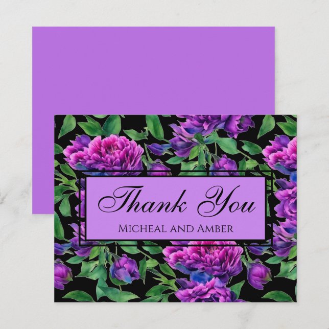 Romantic purple magenta pink watercolor peonies  thank you card (Front/Back)