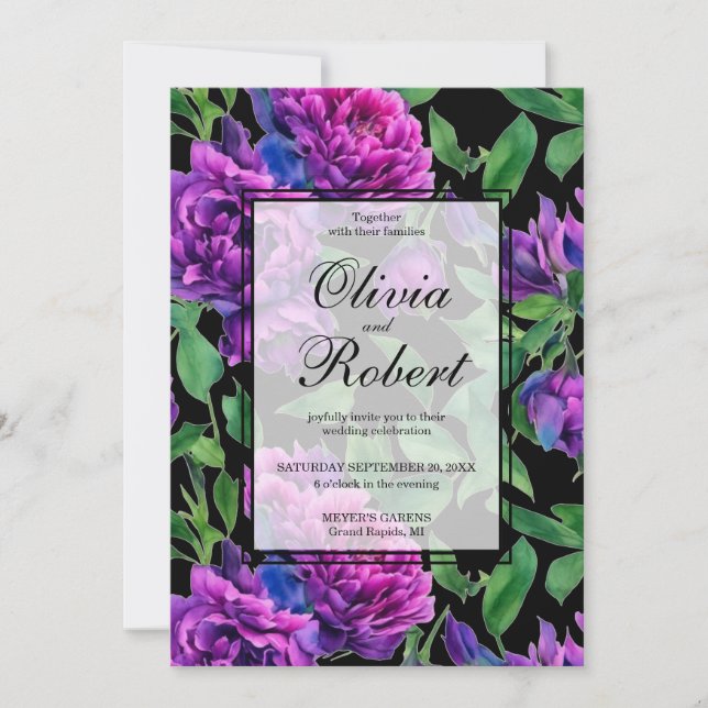 Romantic purple magenta watercolor peonies WEDDING Invitation (Front)