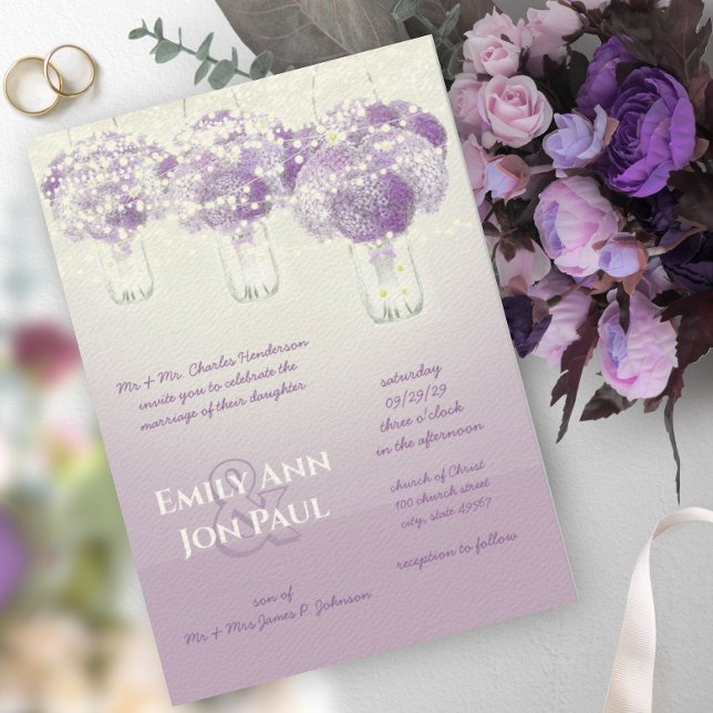 Romantic Purple Mason Jar Firefly Wedding Invitation (Creator Uploaded)