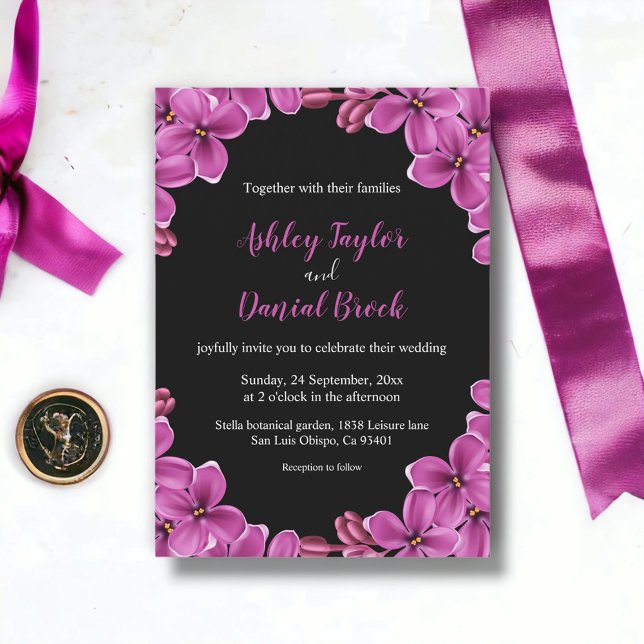 Romantic Purple Orchid Roses Black Floral Wedding Invitation (Creator Uploaded)