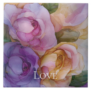 Romantic Purple Pink Gold Floral Love Tile
