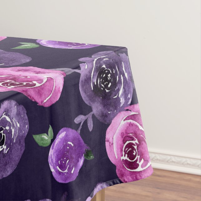 Romantic Purple & Pink Watercolor Roses Floral Tablecloth (In Situ)