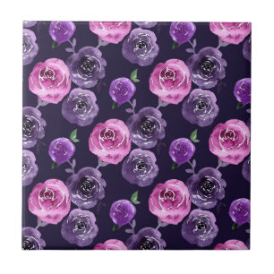 Romantic Purple & Pink Watercolor Roses Floral Tile