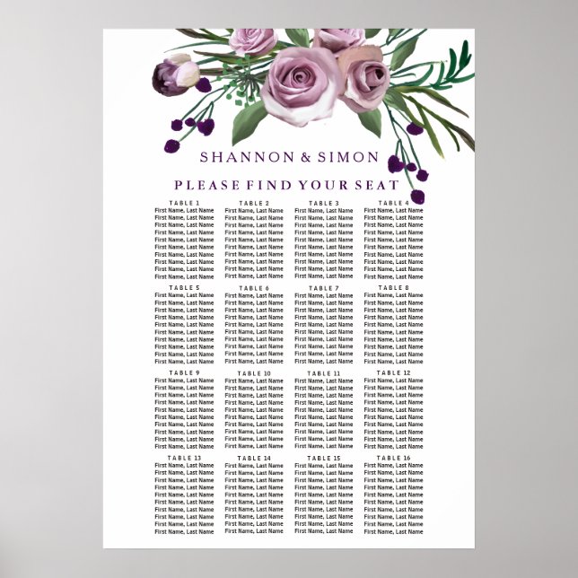 Romantic Purple Plum Floral Wedding Seating Chart (Front)