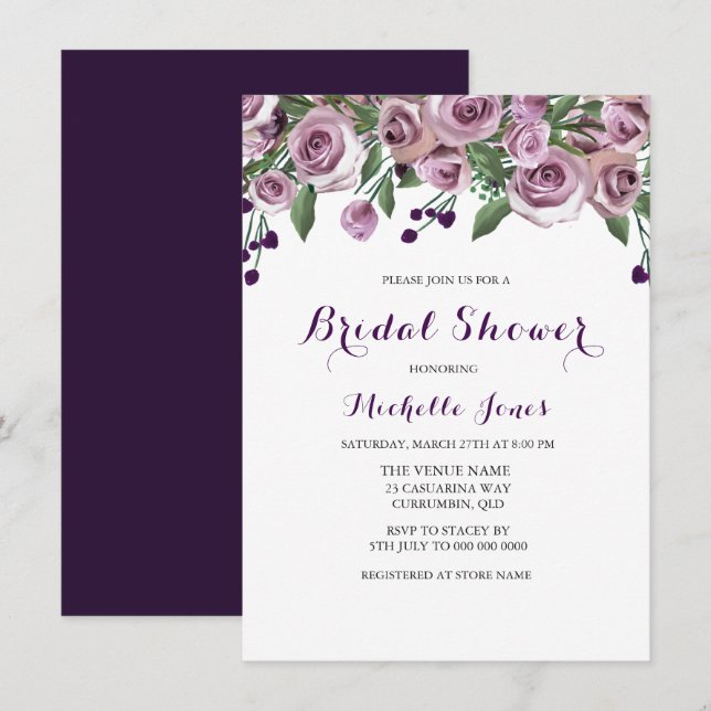 Romantic Purple Rose Bridal Shower Invitation (Front/Back)