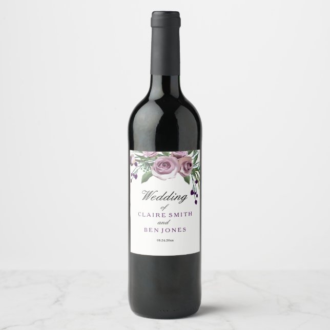 Romantic Purple Rose Floral Wedding Wine Label (Front)