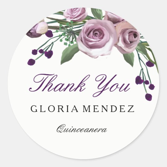 Romantic Purple Rose Quinceanera Thank you sticker