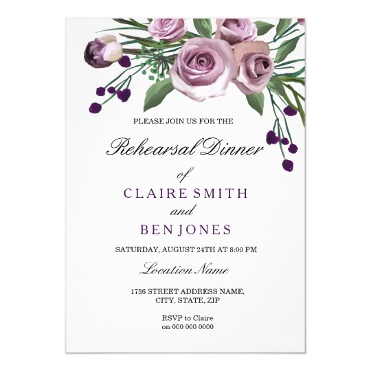 Romantic Purple Rose Wedding Rehearsal Dinner Card