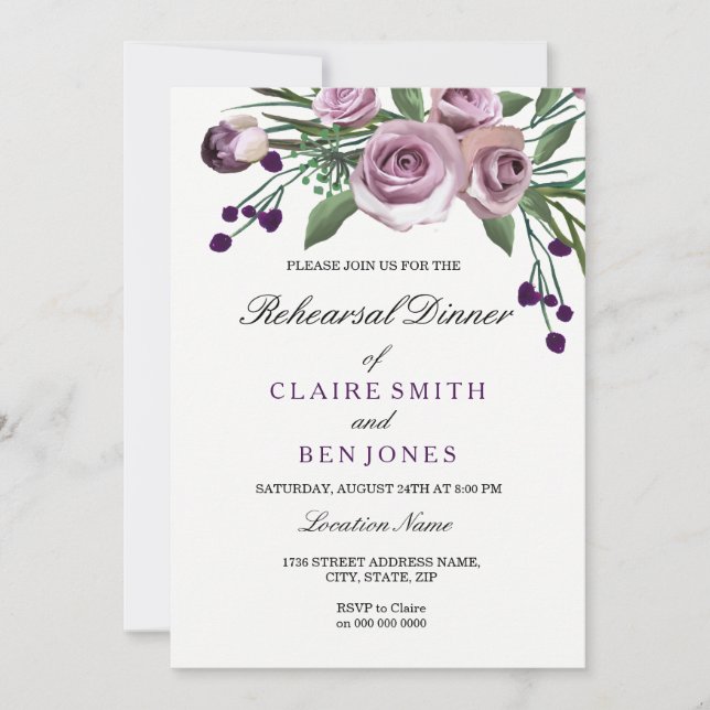Romantic Purple Rose Wedding Rehearsal Dinner Invitation (Front)