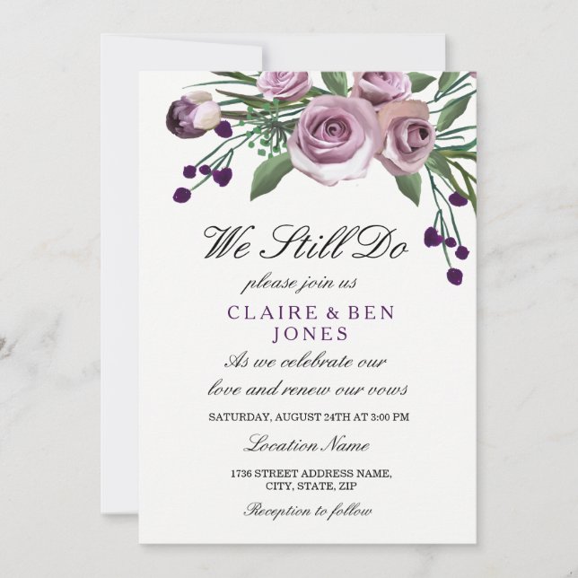 Romantic Purple Rose Wedding Vow Renewal Invite (Front)