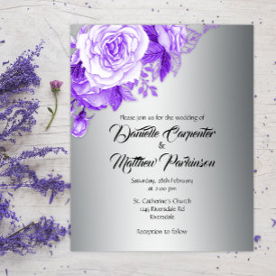 Romantic Purple Roses on Silver Budget Wedding Flyer