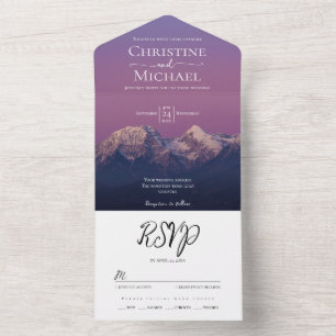 Romantic purple sunset snowy mountains wedding all in one invitation