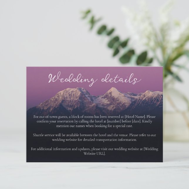 Romantic purple sunset snowy mountains wedding enclosure card (Standing Front)