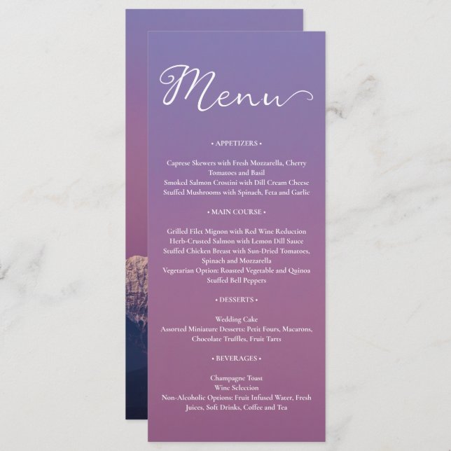 Romantic purple sunset snowy mountains wedding menu (Front/Back)