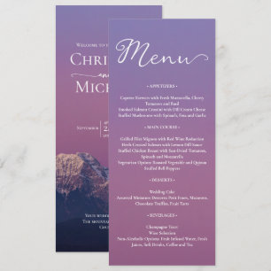 Romantic purple sunset snowy mountains wedding menu