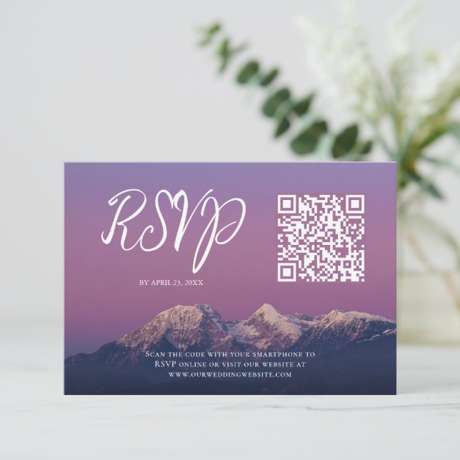 Romantic purple sunset snowy mountains wedding RSVP card (Standing Front)