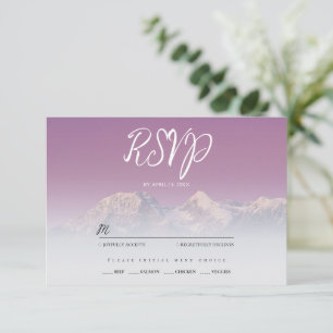 Romantic purple sunset snowy mountains wedding RSVP card