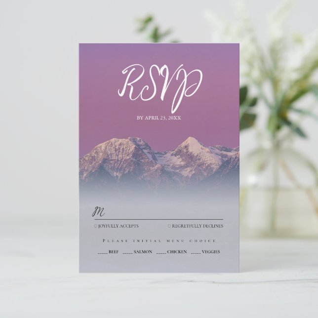 Romantic purple sunset snowy mountains wedding RSVP card (Standing Front)