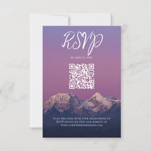 Romantic purple sunset snowy mountains wedding RSVP card (Front)