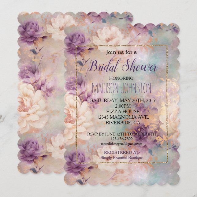 Romantic Purple Turquoise Blush Floral Invitation (Front/Back)