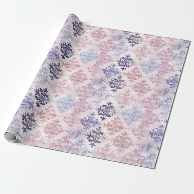 Romantic Purple Watercolor Damask Wrapping Paper (Unrolled)