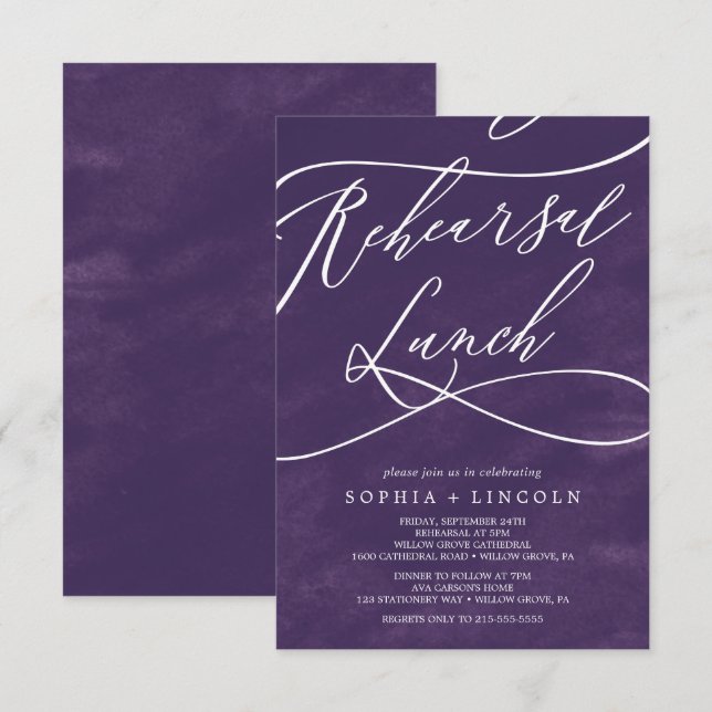 Romantic Purple Watercolor Rehearsal Lunch Invitation (Front/Back)