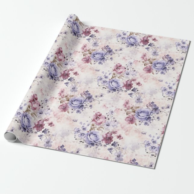 Romantic Purple Watercolor Roses Wrapping Paper (Unrolled)