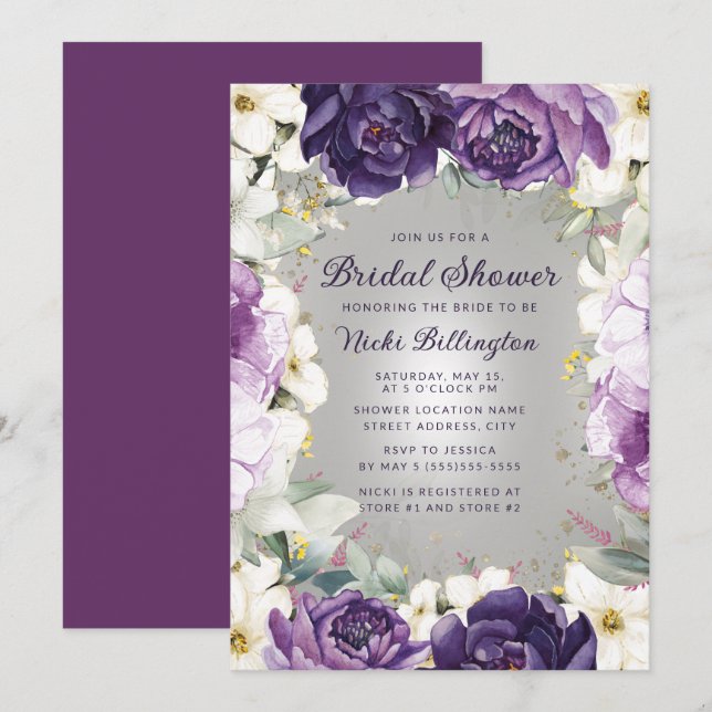 Romantic Purple White Floral Glitter Bridal Shower Invitation (Front/Back)